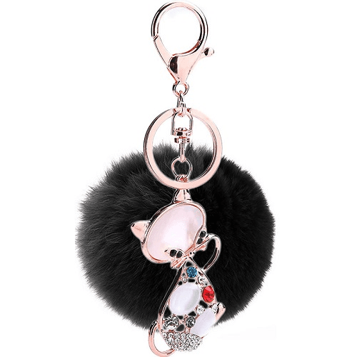 Cat Pompom Keychain Ring (Black)