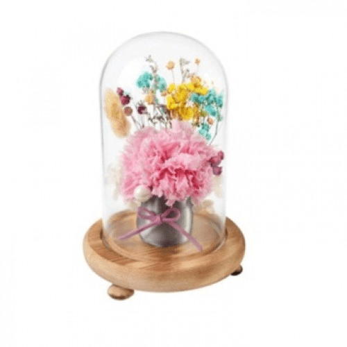 Pink Flower Bouquet In Glass Dome