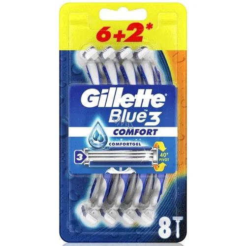 Gillette Blue Comfort 3 Blade Shaving Razors With Comfort Gel 6 + 2 Free 8 Per Pack