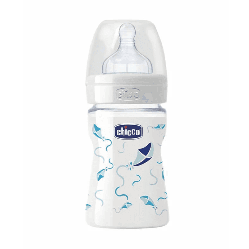 Chicco Wellbeing Glass Bottle With Silicon Teat (Normal Flow) - Deco Boy 150Ml