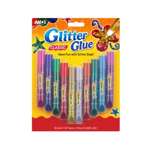 Amos Classic Assorted Glitter Glues - Non Toxic 10 Per Pack