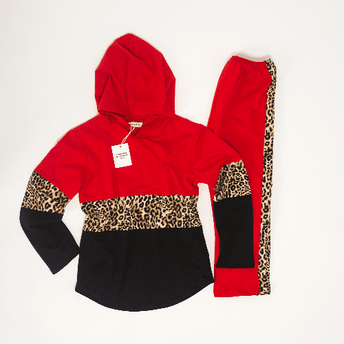 Be Cosy Girl'S Red Long Sleeve And Hoodie Cotton Set With Tiger Print