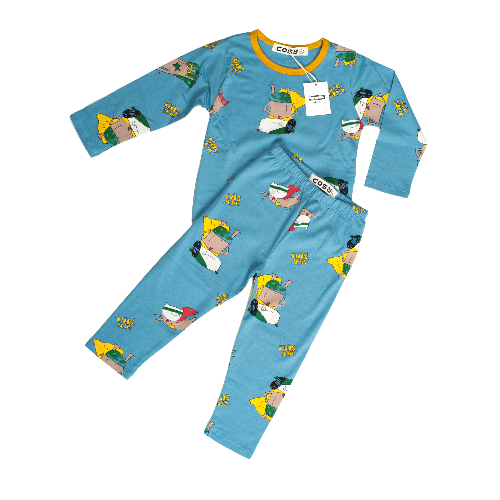 Boys Blue Cotton Pyjama With Animal Super Hero Print