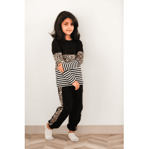 Be Cosy Girls Cotton Black Set With Tiger Print And Stripes