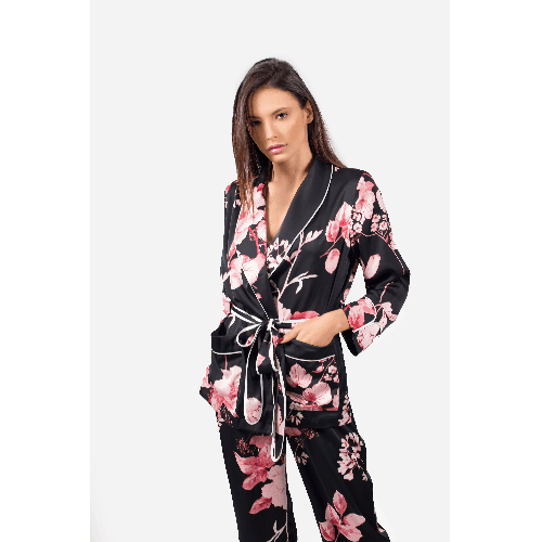 Cosy Long Sleeves And Trousers Black Pyjama Set In Floral Print