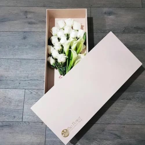 Nude Rectangular Box With White Roses And Callalily