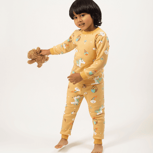 Kids Winter Yellow Pyjama With Cartoon Print