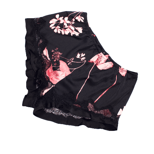 Cosy Short Pyjama Set In Black Floral Print With Lace Trim