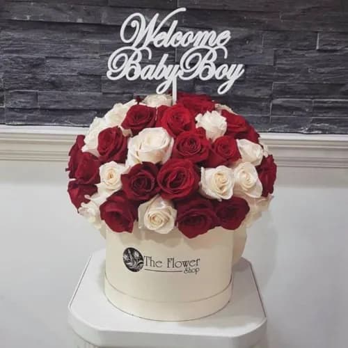 White Round Box With Red And White Roses