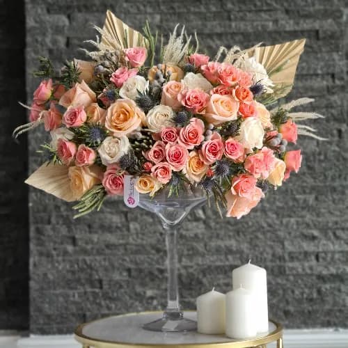 Tall Vase With Assorted Peach Flowers