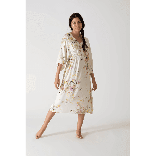 Soft Yellow Floral Night Dress With Three Quarter Sleeves