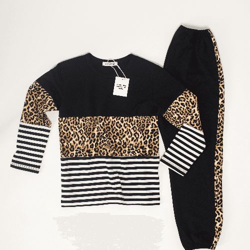 Be Cosy Girls Cotton Black Set With Tiger Print And Stripes