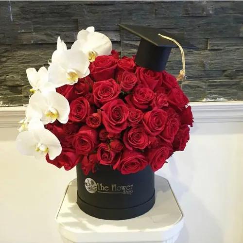 Black Round Box With Red Roses And Phalaenopsis White For Graduation