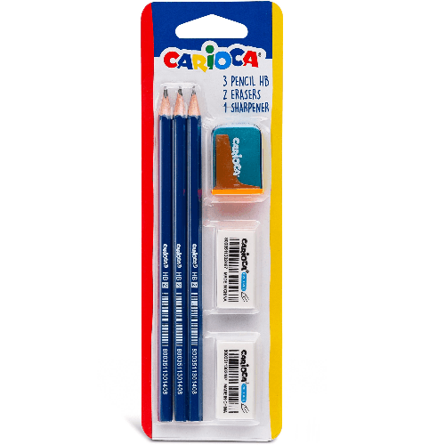 Lead Pencil HB Set of 3Pcs,with Eraser & Sharpener, Carioca