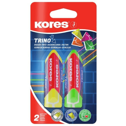 Eraser, Triangular Design, Mixed Neon Colors Set Of 2 Pcs, "Trino"