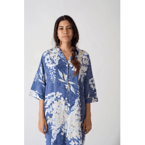 Elegant Blue Night Dress With Three Quarters Sleeve And Floral Print