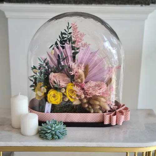 Big Dome With Preserved Yellow And Pink Roses And Dried Leaves