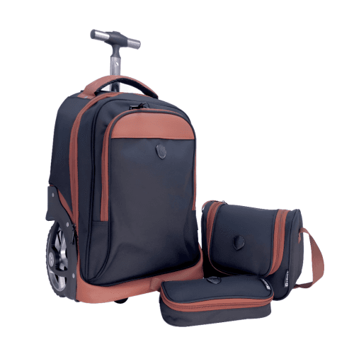 IKola Trolley Bag Set Tan Trim 18 Inch Big Wheels, 3Pcs - Black