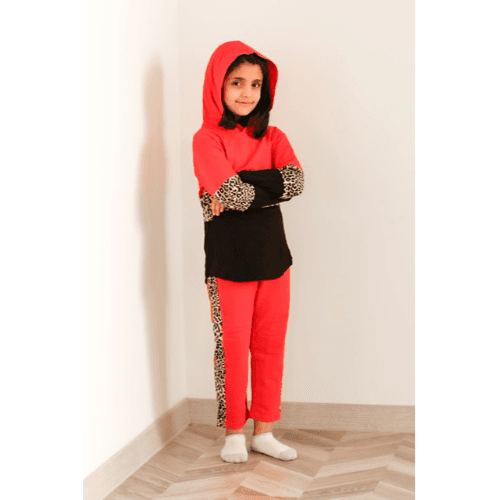 Be Cosy Girl'S Red Long Sleeve And Hoodie Cotton Set With Tiger Print