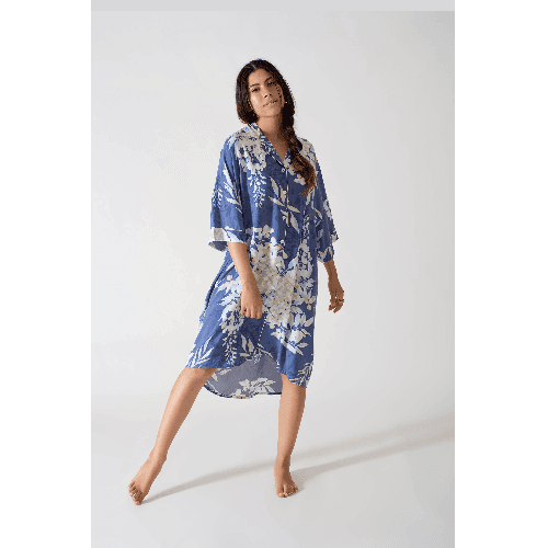 Elegant Blue Night Dress With Three Quarters Sleeve And Floral Print