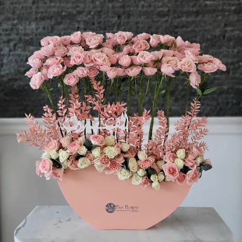 Pink Acrylic Box With White And Pink Baby Roses