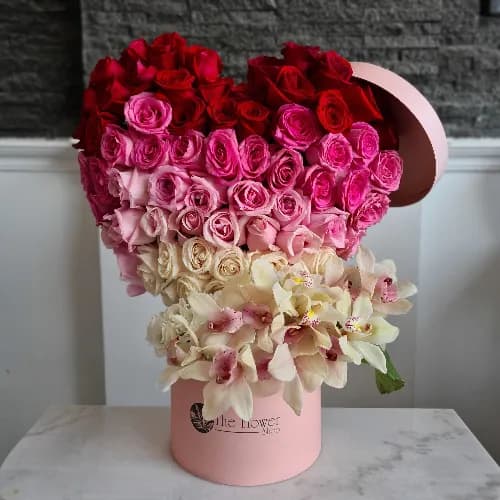 Pink Round Box With White, Pink And Red Roses