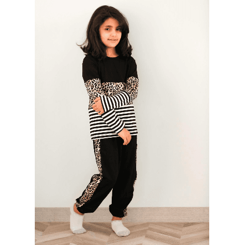 Be Cosy Girls Cotton Black Set With Tiger Print And Stripes