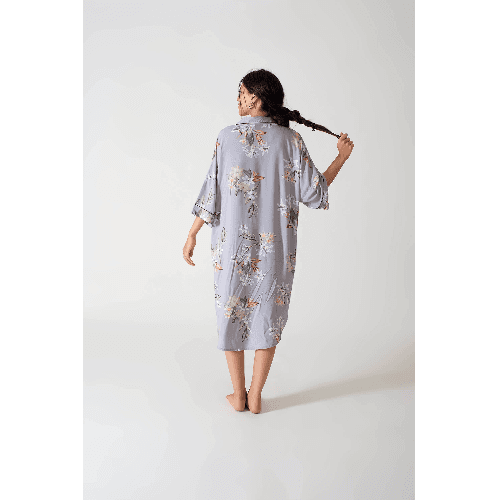 Snug Grey Night Dress With Three Quarters Sleeve And Floral Print