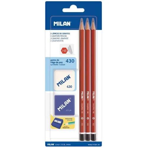 Lead Pencil Hb, Set Of 3 + Sharpener Afila + Eraser 430, Blister Pack