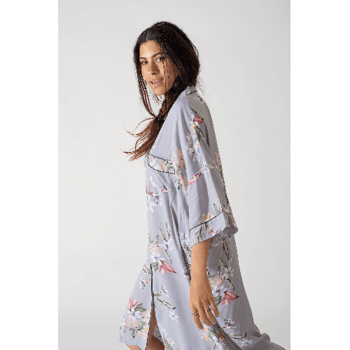 Snug Grey Night Dress With Three Quarters Sleeve And Floral Print