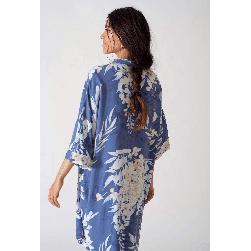 Elegant Blue Night Dress With Three Quarters Sleeve And Floral Print