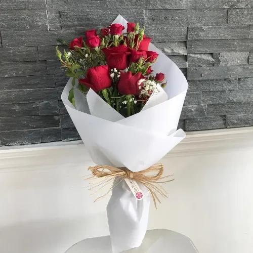 Hand Bouquet With Red Roses And Red Baby Rose With Gypsophila