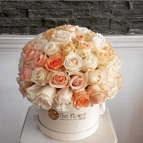 White Round Box With White And Peach Roses