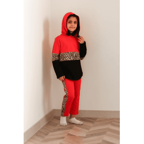 Be Cosy Girl'S Red Long Sleeve And Hoodie Cotton Set With Tiger Print