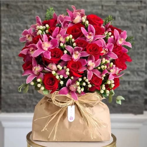 Floral Bag With Roses And Cymbidium