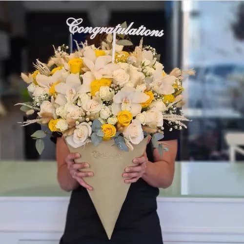 Nude Cone Bouquet With White And Yellow Flowers