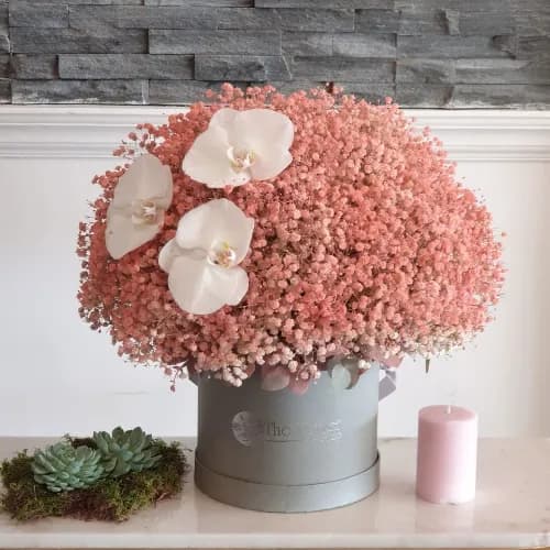 Grey Box With Pink Gypsophila