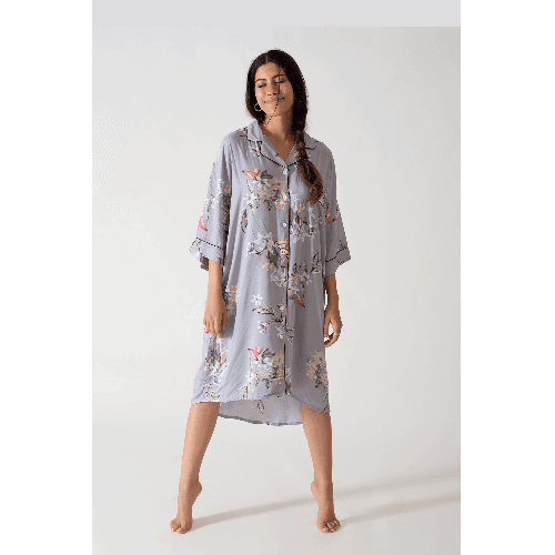 Snug Grey Night Dress With Three Quarters Sleeve And Floral Print