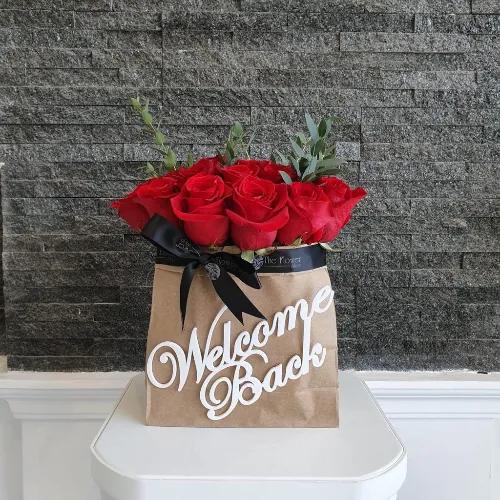 Floral Bag With Red Roses And Leaves