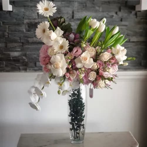 Tall Glass Vase With White And Pink Flowers