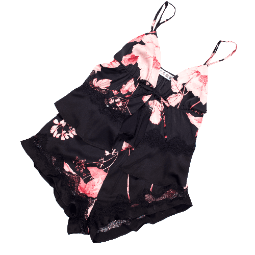 Cosy Short Pyjama Set In Black Floral Print With Lace Trim