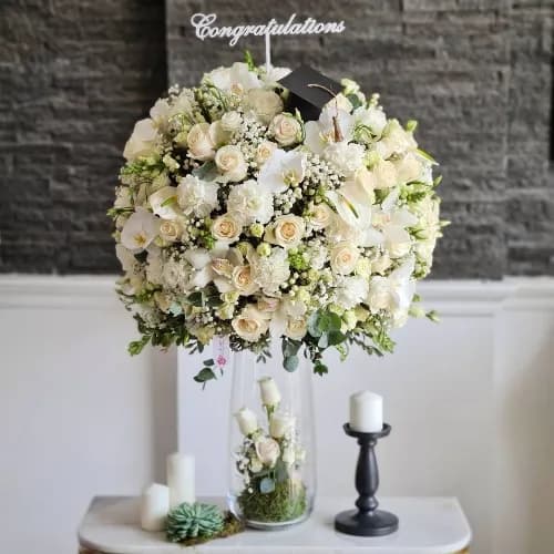 Tall Clear Glass Vase With White Assorted Flowers