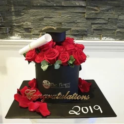 Black Round Box With Red Roses For Graduation