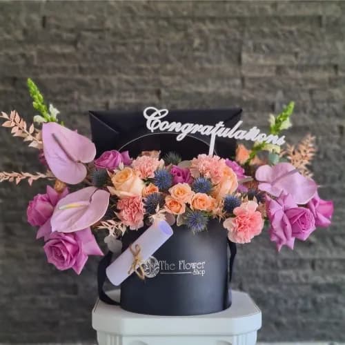 Black Box With Peach And Purple Flowers For Graduation