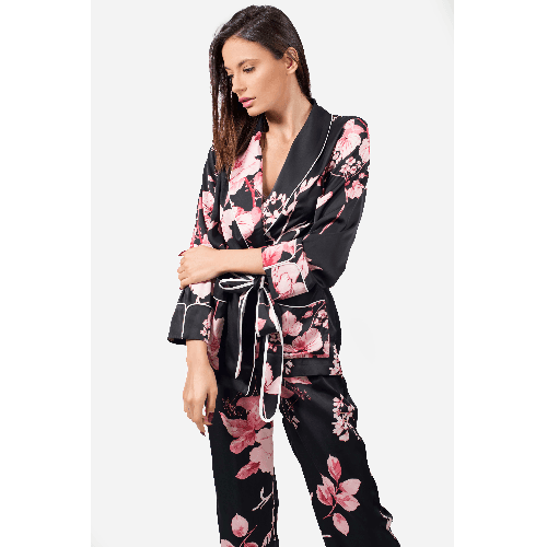 Cosy Long Sleeves And Trousers Black Pyjama Set In Floral Print