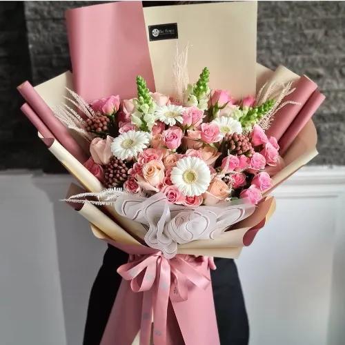 Hand Bouquet With White And Pink Flowers