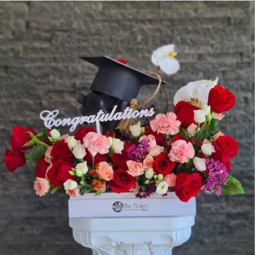 White Box With Red And Pink Flowers For Graduation