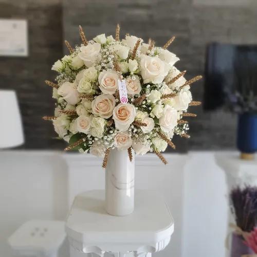 Marble Vase With White Flowers And Gold Wheat