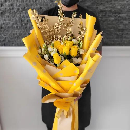 Hand Bouquet With  Rose And Golden Leaves