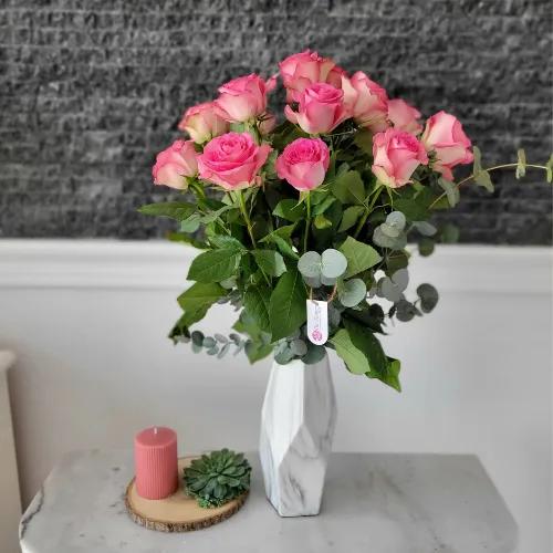 White Ceramic Vase With Pink Roses And Leaves